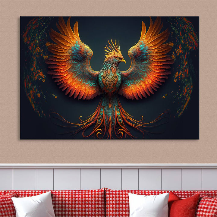 The Majestic Phoenix Wall Art Canvas Set, a fiery symbol of rebirth and strength, graces the wall.