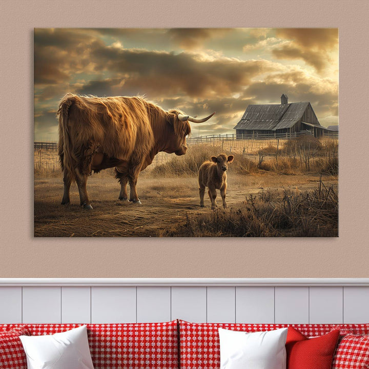 The living room features the "Highland Cow Canvas Wall Art Animal Print Pictures Fluffy Cattle Art," which captures a cow and calf in a rural sunset scene, adding gallery-quality charm.