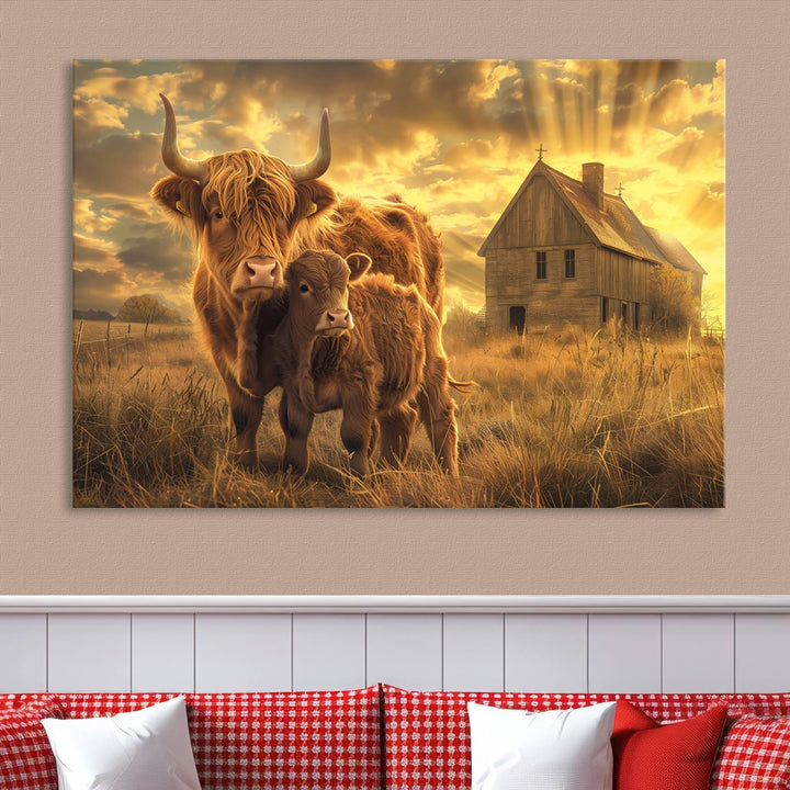 The room features the Barn and Highland Cow Canvas Wall Art Animal Print, a three-panel canvas depicting cows in a sunset field with a rustic barn backdrop. This handmade piece brings charm and character with its gallery-quality finish.