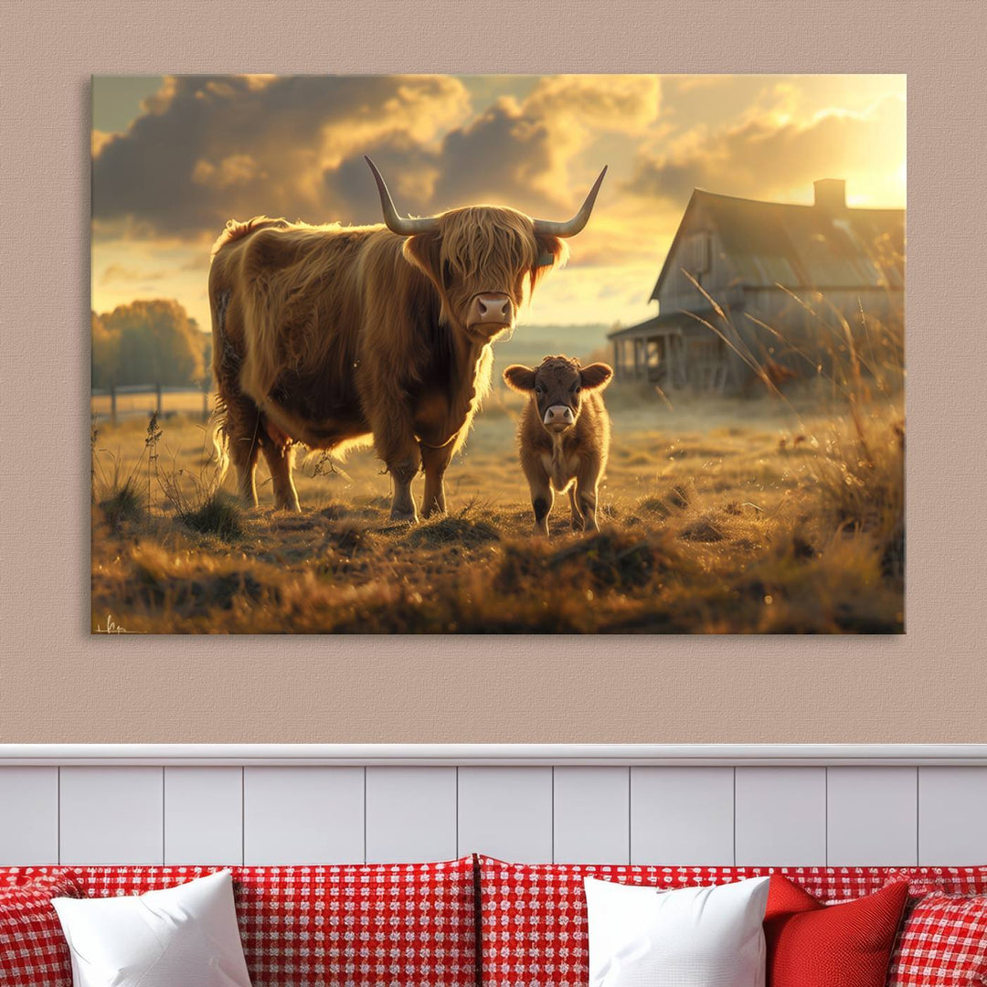 The "Highland Baby Cow Canvas Wall Art Animal Print" triptych art piece showcases a cow and calf in a sunlit field with a barn in the background.