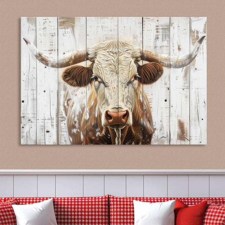 The dimly lit room is enhanced with Western charm by the Rustic Longhorn Bull Wall Art Canvas Set—Western-Inspired Farmhouse Décor, elegantly displayed on the wall.