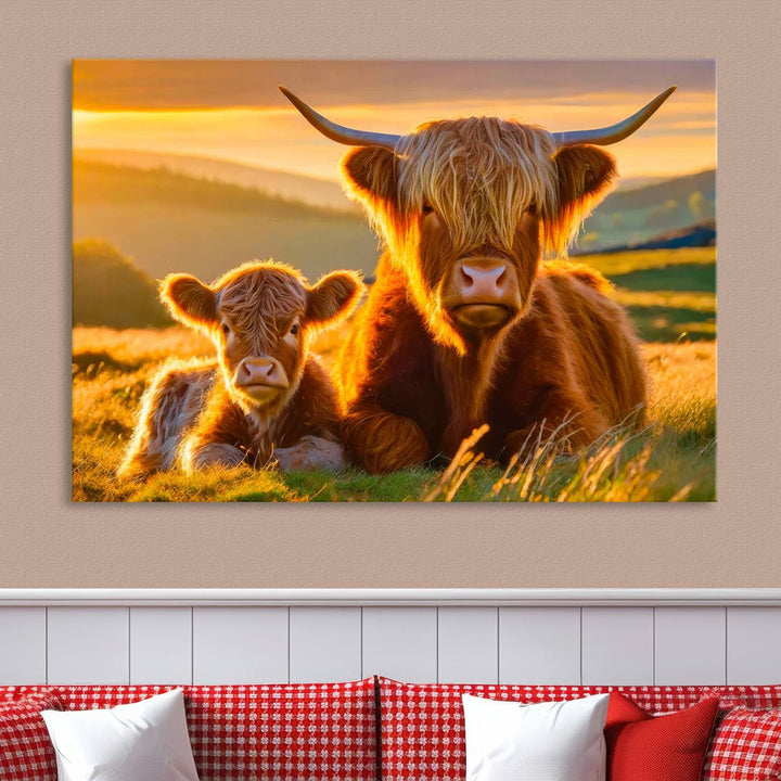 The living room showcases a gallery-quality finish with the Scottish Cow and Baby Cow Canvas Wall Art, featuring a charming animal print of fluffy cattle as the centerpiece. This stunning piece is displayed on premium canvas, creating an inviting atmosphere.