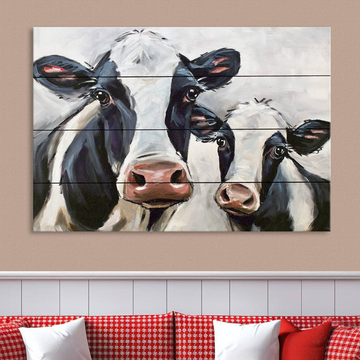 The Vintage Baby and Mom Cattle Wall Art Canvas Print is prominently displayed, adding a touch of contemporary and farmhouse decor to the modern living room.