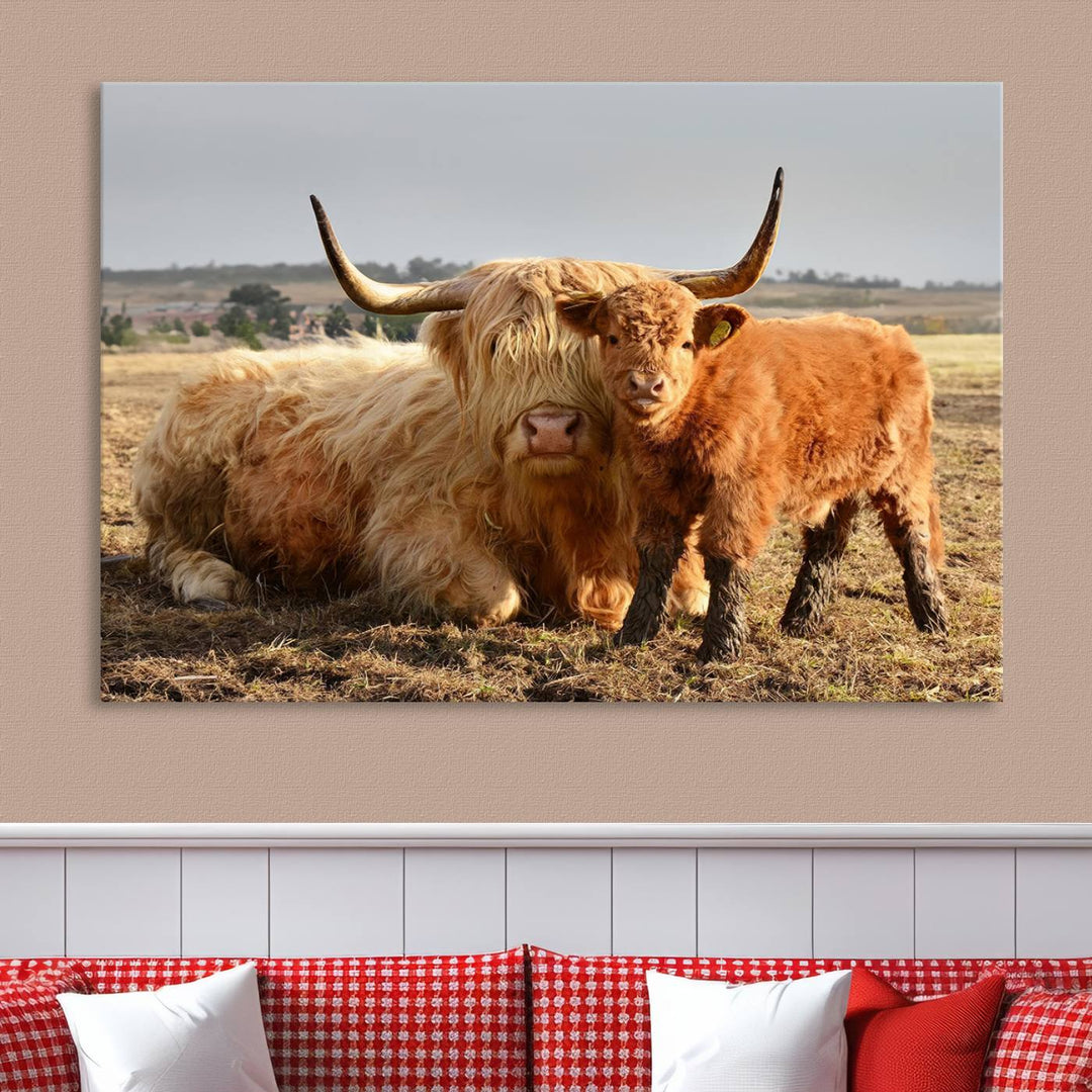 The three-panel canvas artwork, titled "Highland Cow Canvas Wall Art Animal Print for Farm House Decor," features a serene scene of a resting Highland cow and calf in a field. The piece highlights its gallery-quality finish.