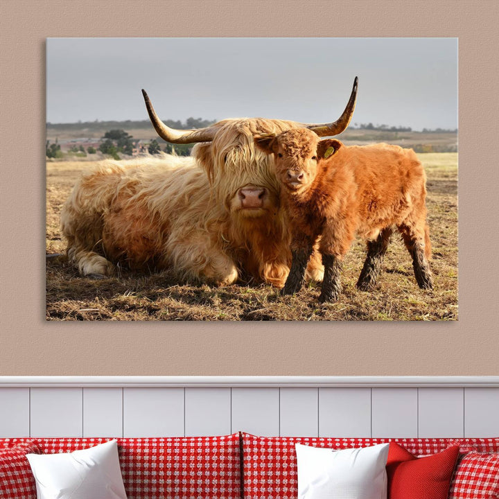 The three-panel canvas artwork, titled "Highland Cow Canvas Wall Art Animal Print for Farm House Decor," features a serene scene of a resting Highland cow and calf in a field. The piece highlights its gallery-quality finish.