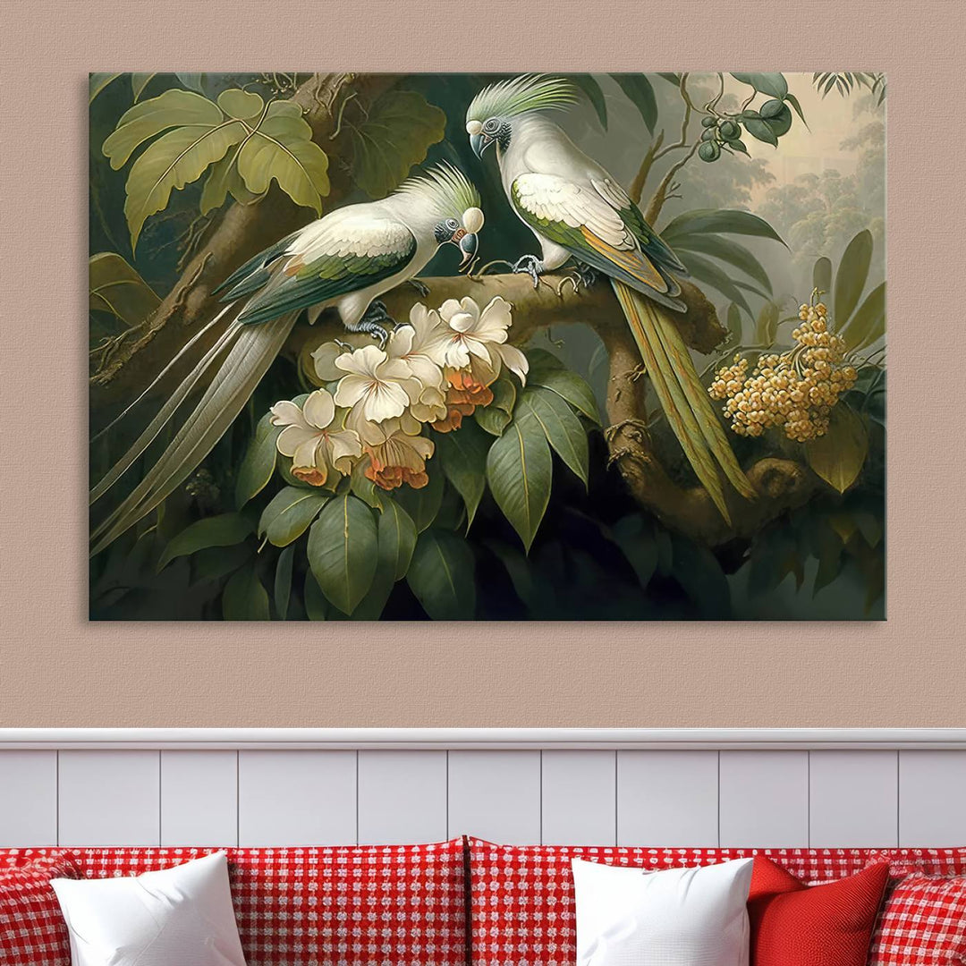 Crafted in the USA, this Tropical Paradise Print wall art features a stunning parrot amidst a lush forest and beautiful flowers.