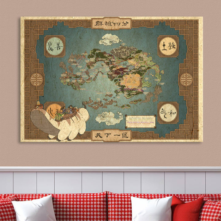 Hanging above is the Avatar: The Last Airbender Vintage Map - Wall Art Canvas Print, framed and ready to hang, showcasing an enchanting glimpse into the iconic four nations design.