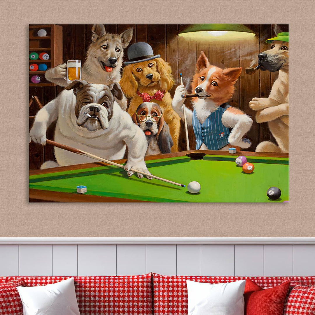 The "Dogs Playing Pool Canvas Wall Art" features a whimsical scene of dogs dressed as humans playing pool in a bar, presented as a three-panel display with a gallery-quality finish.