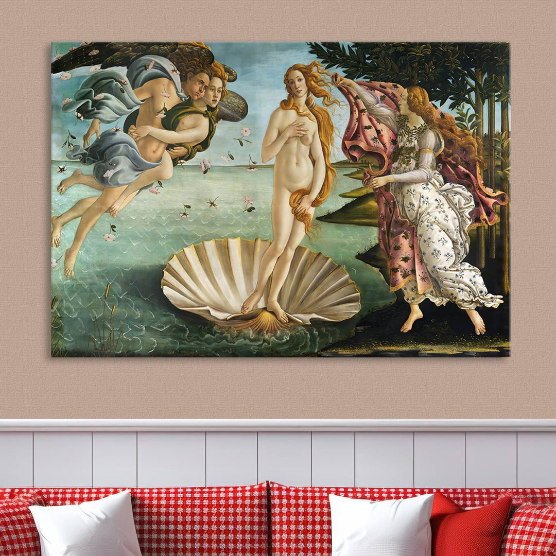 A gallery-quality finish graces the triptych of "The Birth of Venus Sandro Botticelli Reproduction Canvas Print Classic Print," elegantly showcased as a stunning centerpiece. This exquisite canvas artwork enhances the living room's decor, serving as an eye-catching focal point in the space.