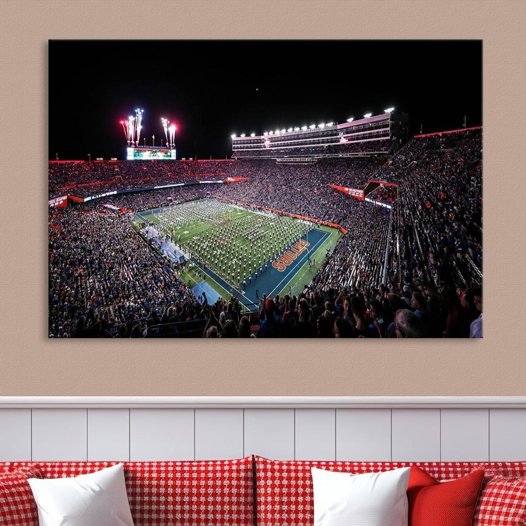 Ben Hill Griffin Stadium Night Game Triple Canvas Wall Art - Florida Gators Football Match