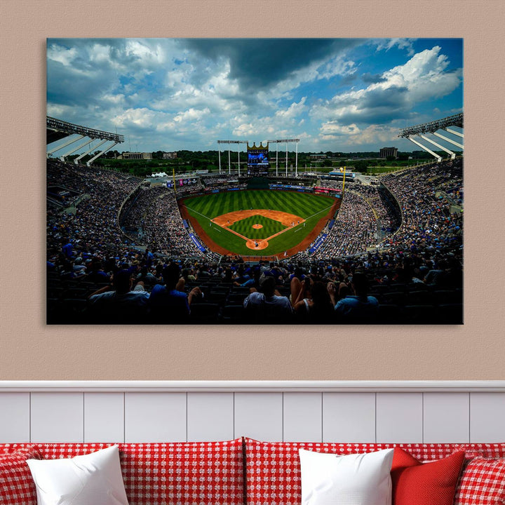 Kauffman Stadium Day Game Triple Canvas Wall Art - Kansas City Royals MLB Match