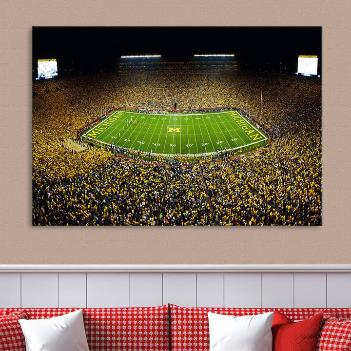 Michigan Wolverines Football Team Print - Michigan Stadium Night Game Triple Canvas Wall Art - University of Michigan Football Match