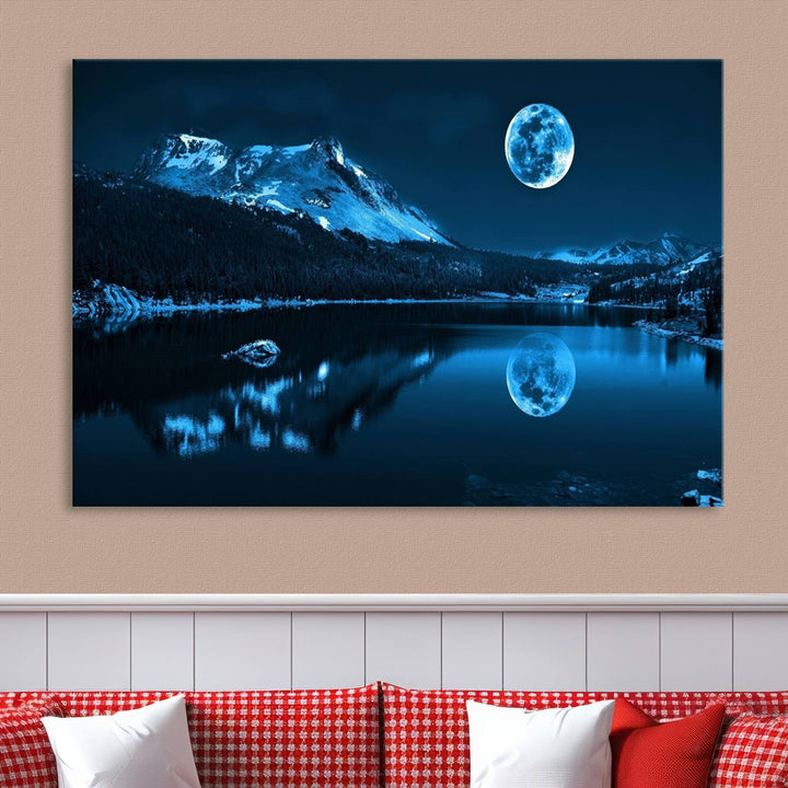 Blue Moon Mountain Lake Landscape Framed Wall Art Canvas Print