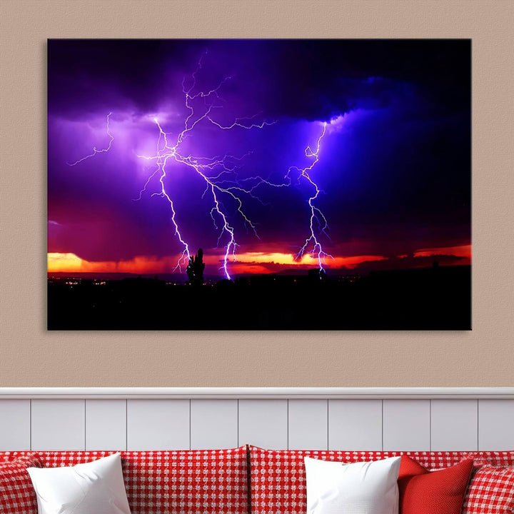 Electrifying Sunset Thunderstorm Canvas Print – Dramatic Lightning and Vibrant Sunset Wall Art