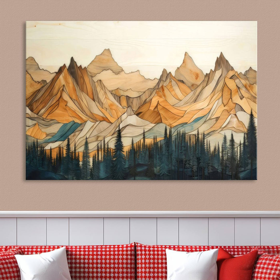 Rustic Wood Style Mountain Wall Art Print | Triptych Giclee Print Featuring Handcrafted Forest and Mountain Range Design | Framed Ready-to-Hang Print