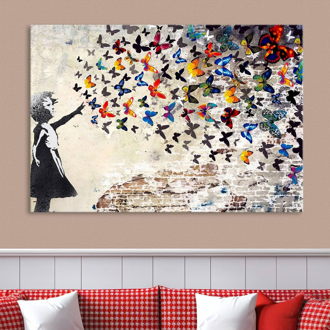 Banksy Style Girl with Butterflies Wall Art - Beautiful Framed Ready-to-Hang Triptych Canvas - Vibrant Butterfly Street Art for Modern Decor