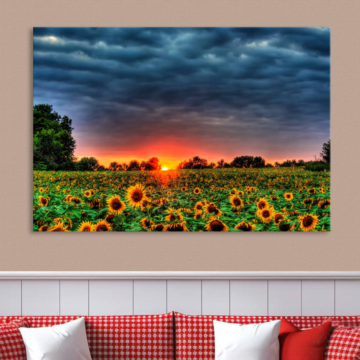 Golden Sunflower Field at Sunset – Breathtaking Sky and Vibrant Flowers, Ready to Hang Wall Art Canvas Print