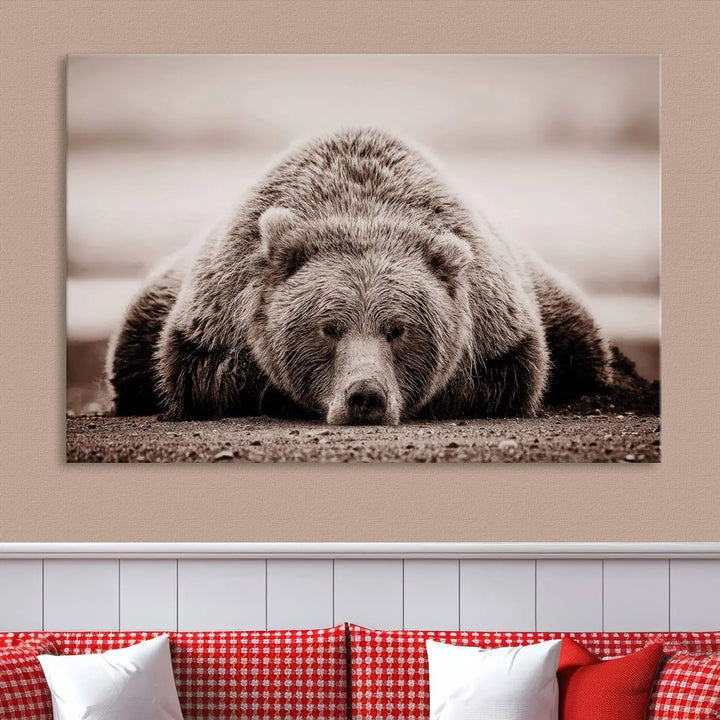 The Grizzly Bear Wall Art Print - a Rustic Bear Portrait Canvas - serves as the centerpiece on the wall, creating an elegant, nature-inspired decor.