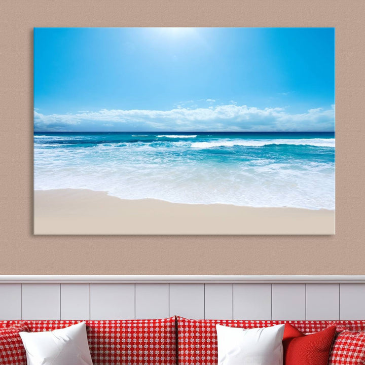 Wall Art Canvas Print Shiny Blue Sea and Beach