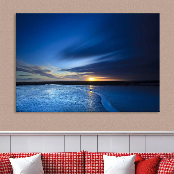 The living room features a triptych of the Wall Art Canvas Print Navy Sunset Lake Landscape Artwork, adding to its tranquil vibe.