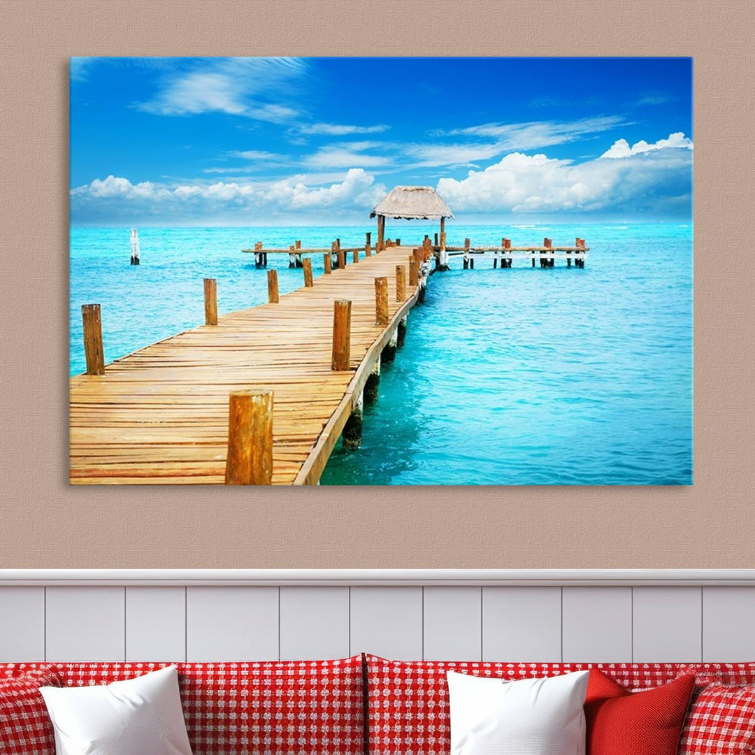 Tropical Pier Triptych Wall Art, Stunning Turquoise Ocean and Wooden Dock Canvas Print, Coastal Beach House Decor, Ocean View Canvas Art