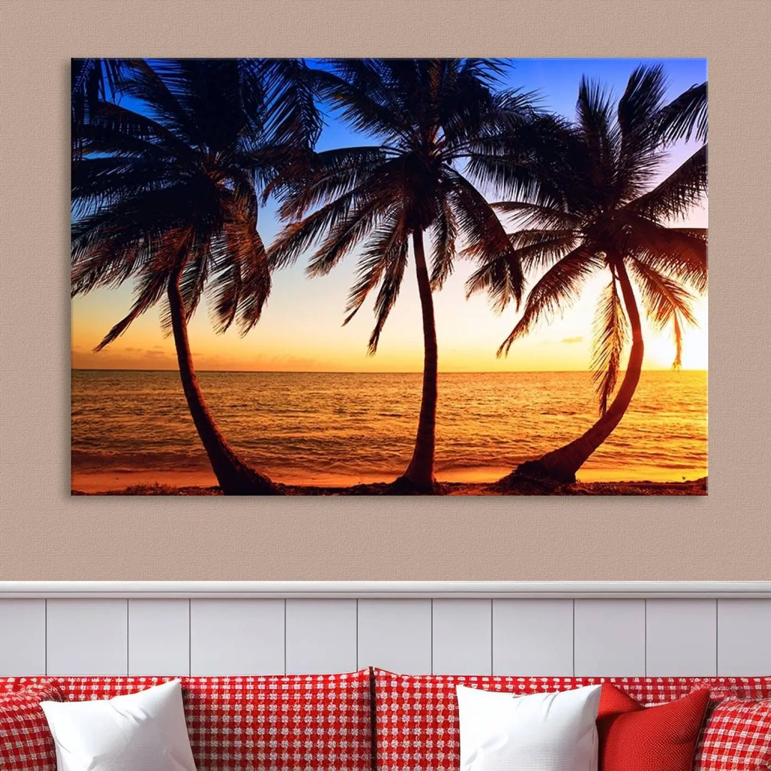 The living room features a wall adorned with the "Wall Art Canvas Curve Palms at Sunset on Beach," showcasing gallery-wrapped, museum-quality canvases in a stunning triptych.