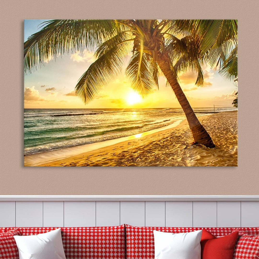 Wall Art Canvas Print Palm on Beach at Bright Sunset