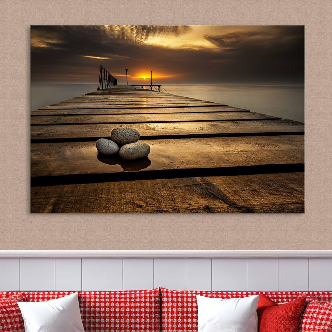 Stones on Wooden Pier at Sunset Wall Art Canvas