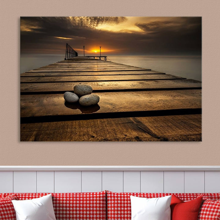 Stones on Wooden Pier at Sunset Wall Art Canvas