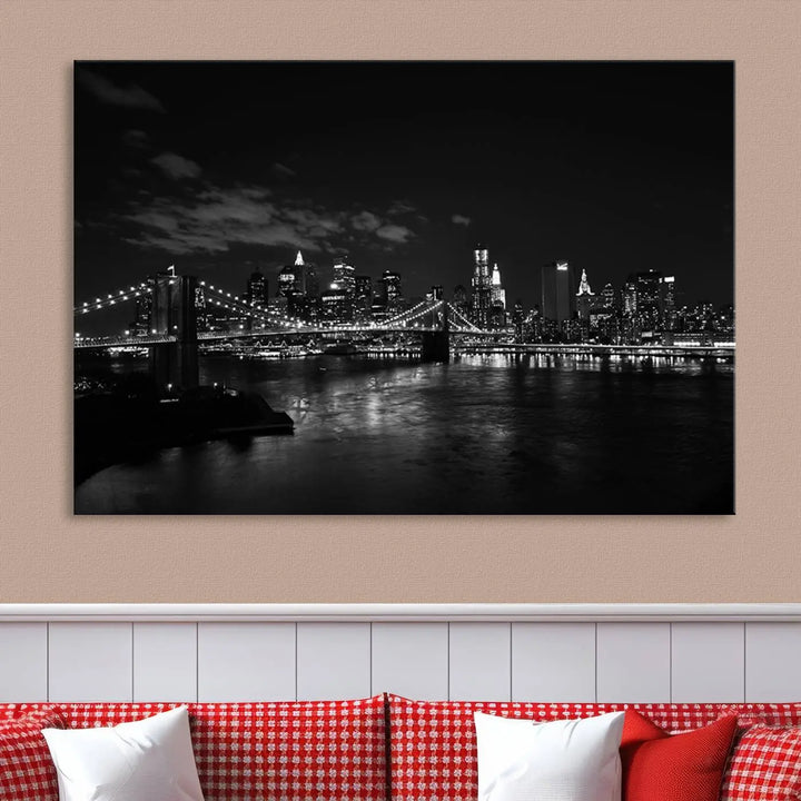 The "NEW YORK Canvas Prints Black and White Brooklyn Bridge Print" is a stunning triptych showcasing the iconic city skyline and bridge. Printed on museum-quality canvas with a UV-protective coating, it is ready to hang and instantly elevates your decor.