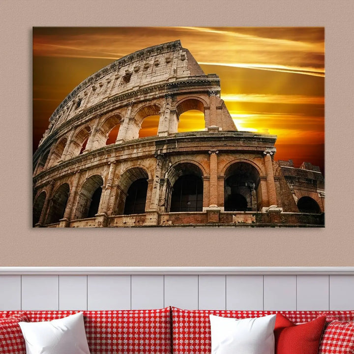 A three-panel canvas titled "Colosseum with Yellow Sunset Behind, Italy," protected with a UV-coating, is elegantly displayed.