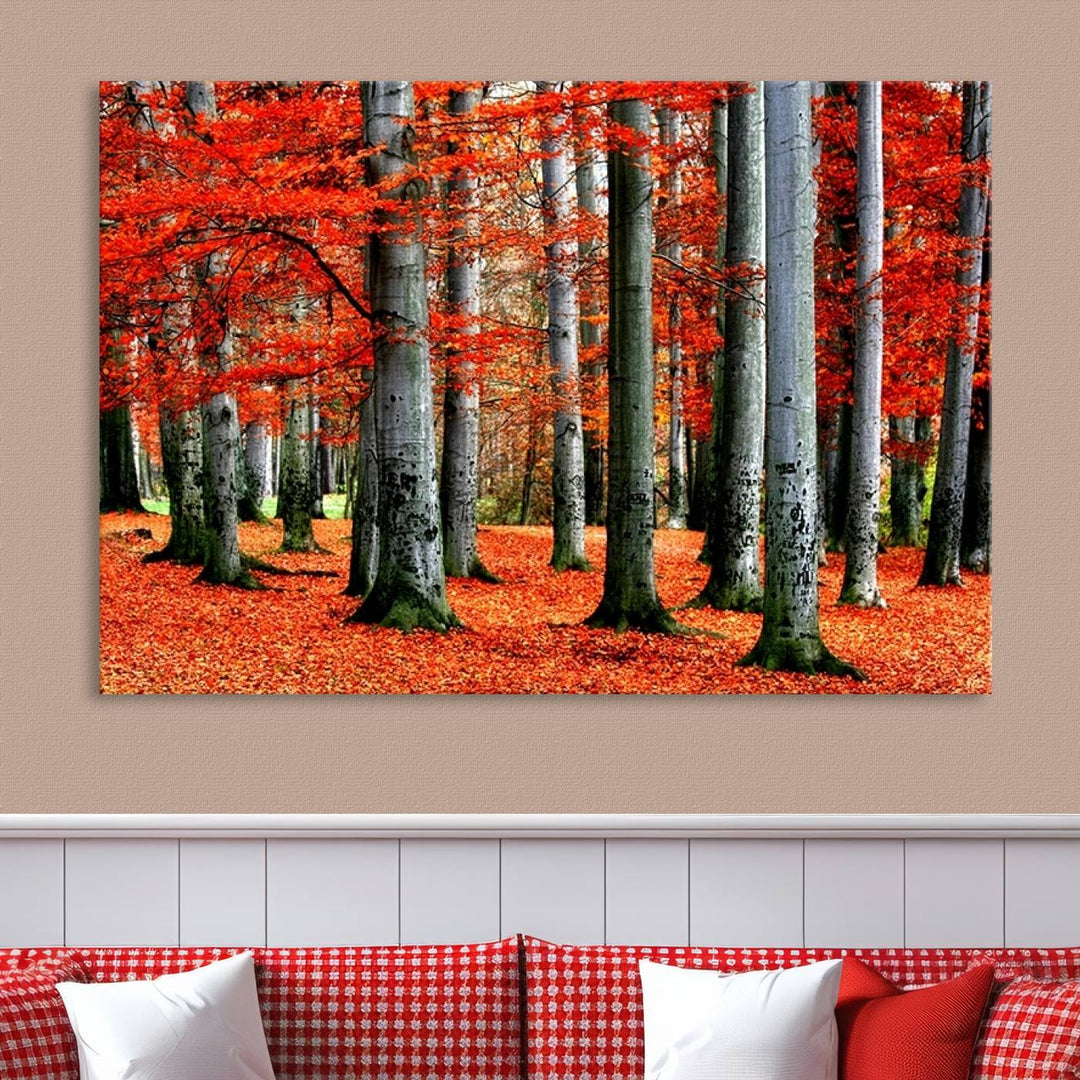 Impression sur toile de paysage d'art mural, feuilles rouges sur des arbres sur fond rouge