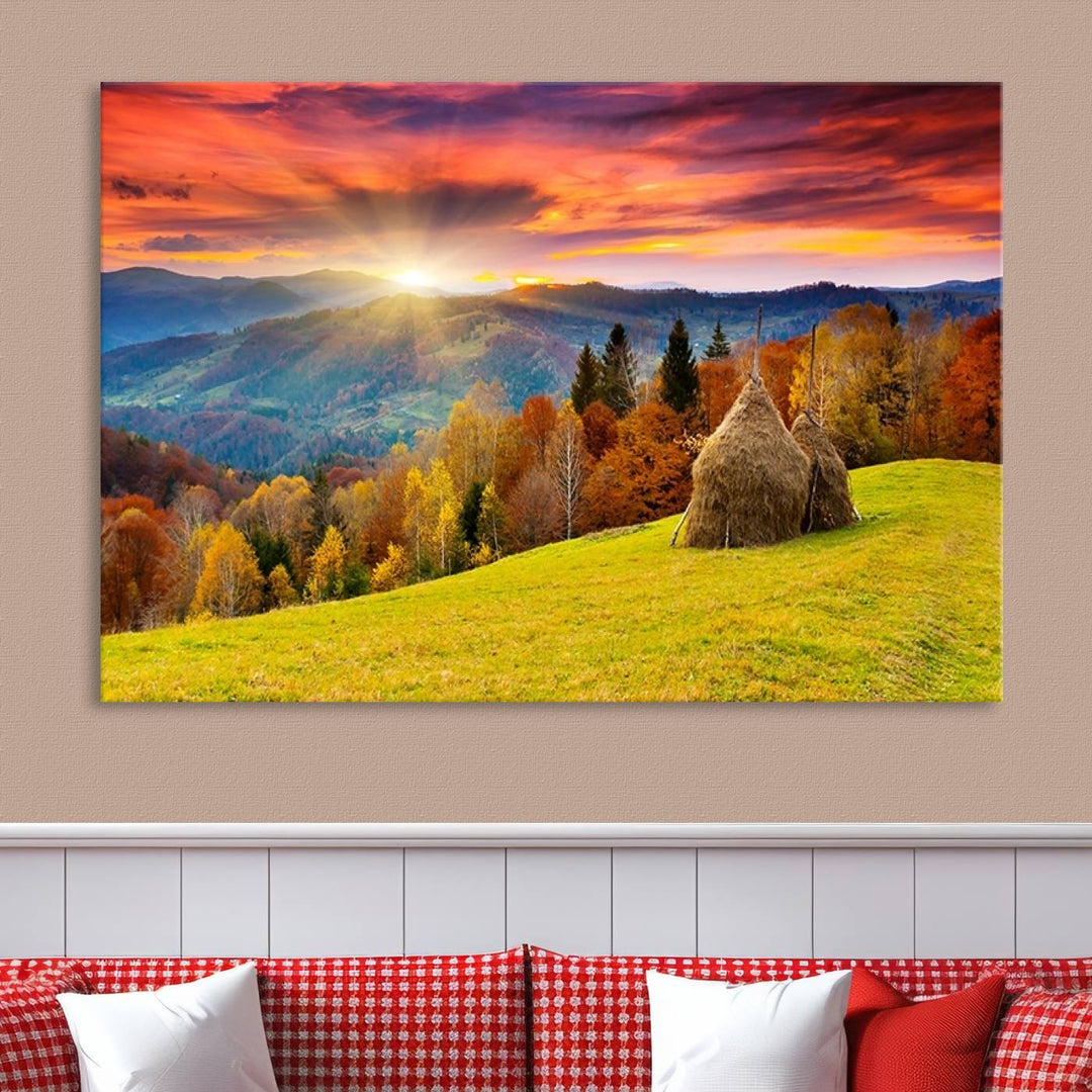 Impression sur toile de paysage d'art mural, tous les tons de vert au coucher du soleil