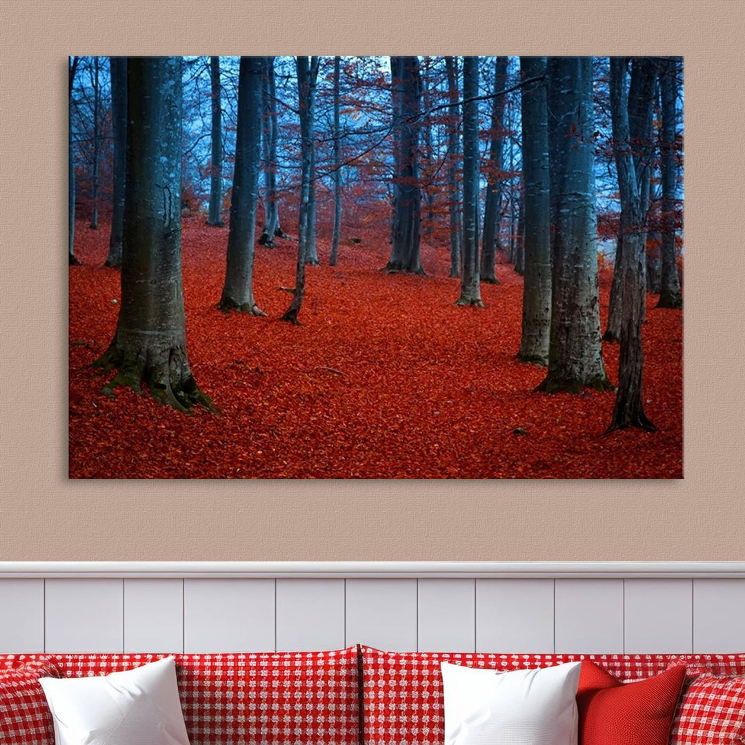 Impression sur toile de paysage d'art mural, feuilles rouges dans la forêt bleue