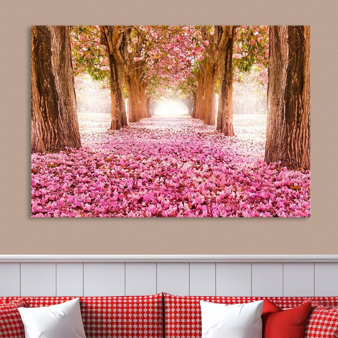 Blossom Cherry Canvas Print Walking on Pink Flowers Between Trees