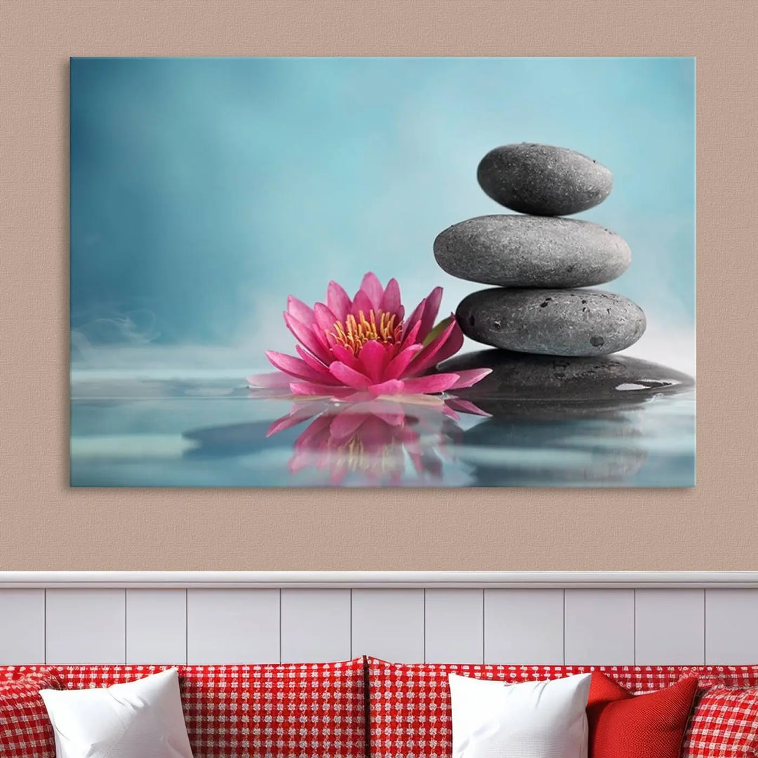 The Zen Serenity Triptych Canvas Art, featuring a lotus flower and balancing stones, perfectly captures tranquility with its serene water lily print.