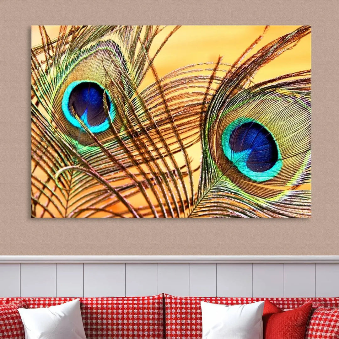 The Peacock Feather Wall Art Print, showcasing a vibrant green, blue, and orange feather design and ready to hang, adorns the space.