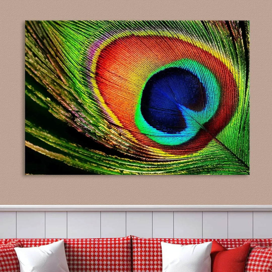 The living room features the "Colorful Peacock Feather Wall Art Print," showcasing a vibrant green, blue, and orange design elegantly displayed above a modern sofa.