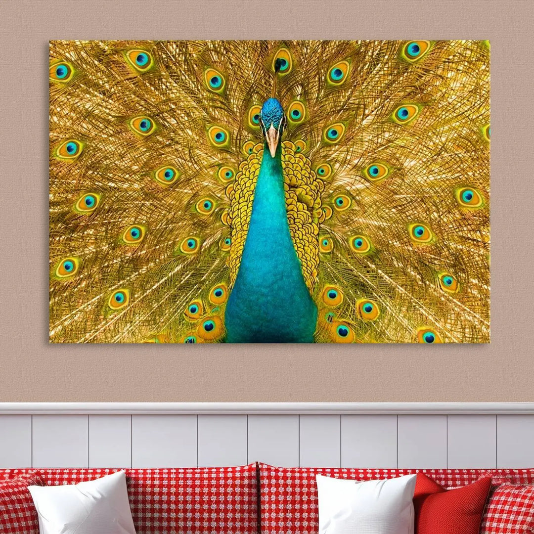 The Peacock Wall Art Canvas Print, featuring a vibrant triptych design of a peacock with intricate feather details and printed on museum-quality canvas with UV-protective coating, brings an artistic flair to the elegant space. Ready to hang, it enhances the modern living room with its striking presence.