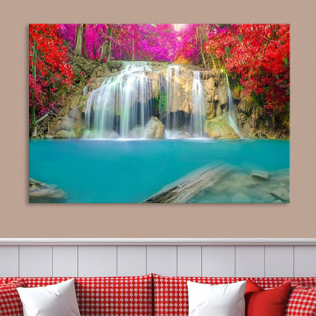 Wall Art Waterfall Landscape with Pink and Red Flowers in Forest Canvas Print