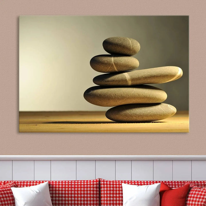 The "Yellow Zen Stones on Yellow Background Wall Art Yoga Zen Artwork," a professionally hand-assembled framed photo with UV-protective coating, is displayed on the wall.