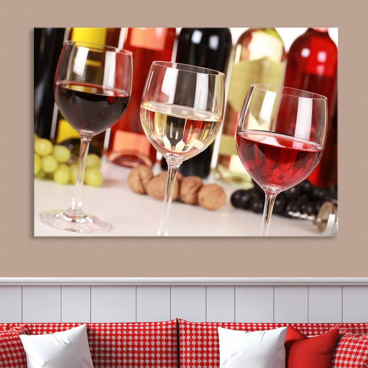 Wall Art Red, White and Rose Wine in Glass Canvas Print