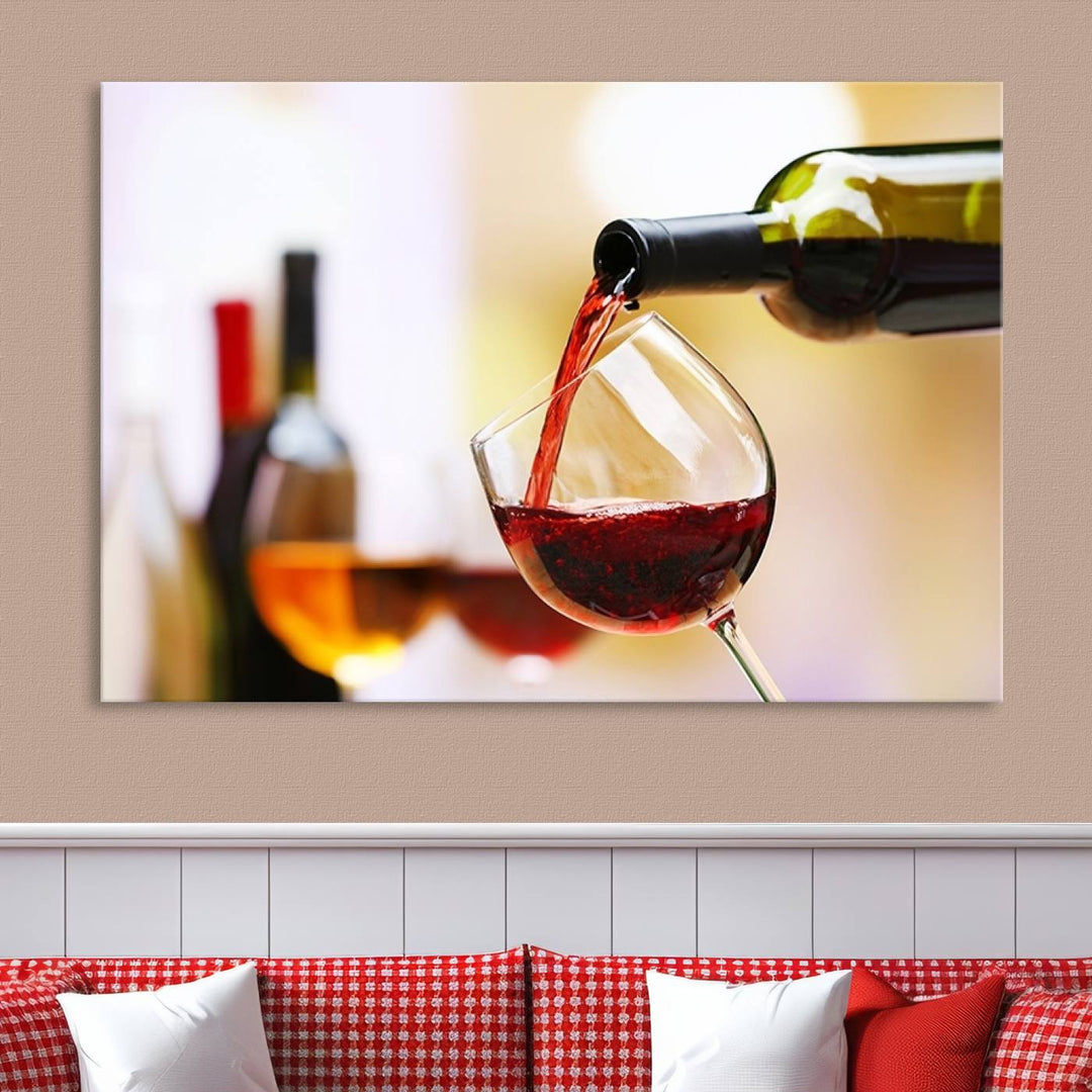 The Filling Red Wine into Glass Red Wine Canvas Print showcases a wine bottle pouring red wine into a glass. This scene, captured on museum-quality canvas, promises timeless elegance and comes with free shipping for effortless delivery to your doorstep.