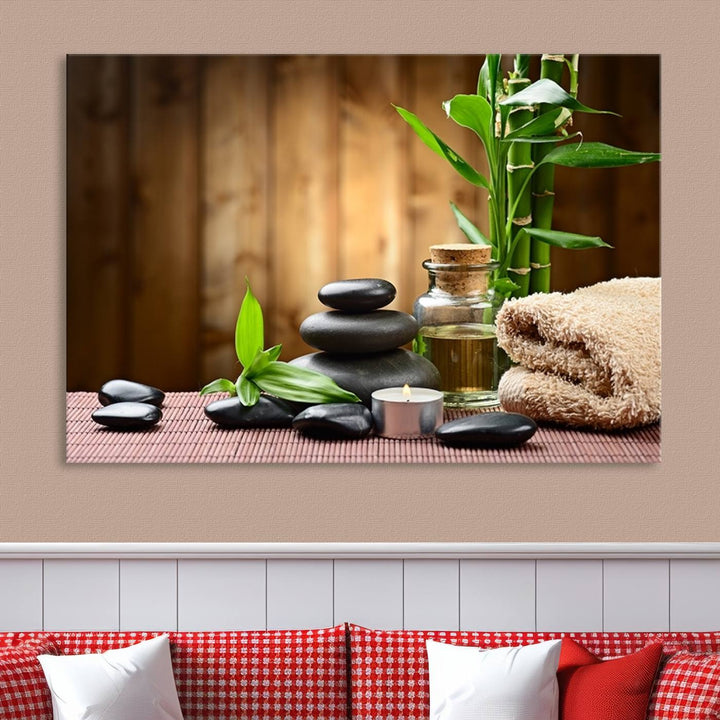 Zen Serenity Triptych Canvas Art, Pink Lotus Flower and Balancing Stones Wall Art, Tranquil Water Lily Canvas Print