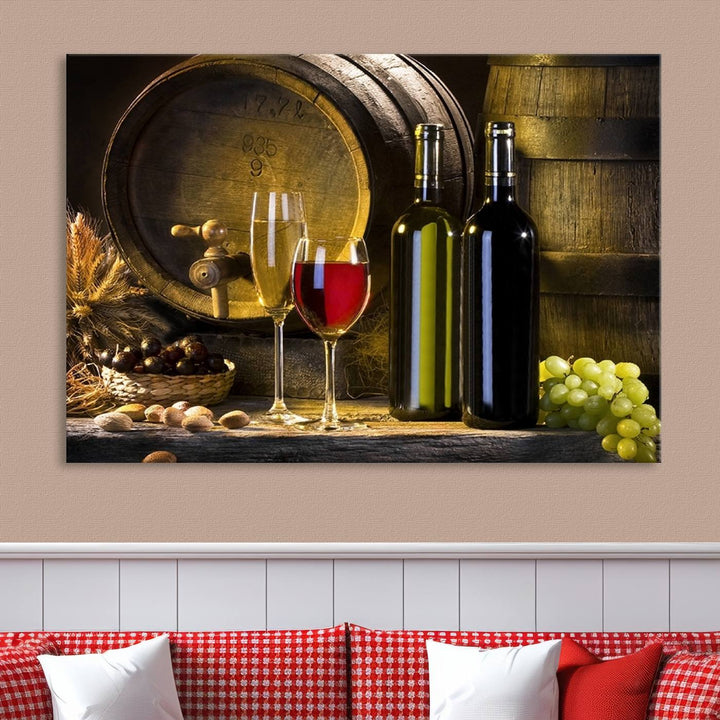 Explore the "Wall Art Red and White Wine with Bottles and Tun Canvas Print," a triptych on gallery-wrapped, museum-quality canvas. Featuring a wine barrel, bottles, and a glass of red wine, it includes a UV-protective coating for lasting vibrancy.