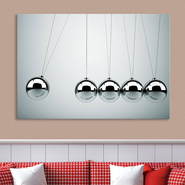 Newton's Cradle Motion Art, Modern Minimalist Metal Sphere Wall Art, Physics-Inspired Kinetic Energy Canvas Print for Office and Home Decor