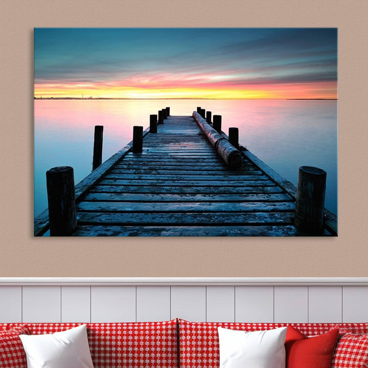 Wall Art Vintage Wooden Pier on Sea at Sunset Canvas Print