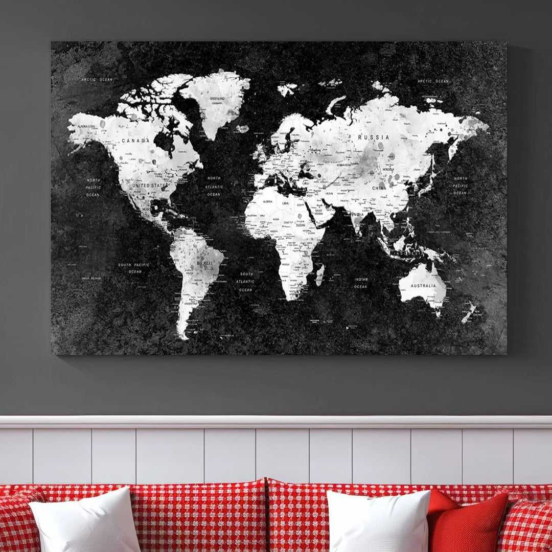 Modern Grayscale World Map 3-Panel Canvas Art | Ready to Hang, Framed | Stylish Minimalist Wall Décor for Home, Office, Living Room, or Study Spaces 