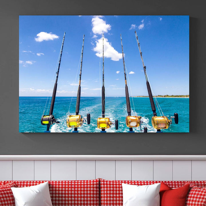 Fishing Roads on Boat Canvas Wall Art Print Ocean Seascape Art Print