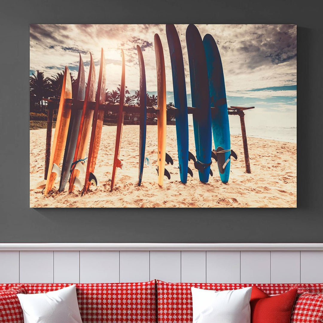 Tablas de surf coloridas y lienzo al atardecer Impresión de arte de pared Lienzo extra grande Arte deportivo inspirador Arte de lienzo de playa Arte de pared de múltiples paneles